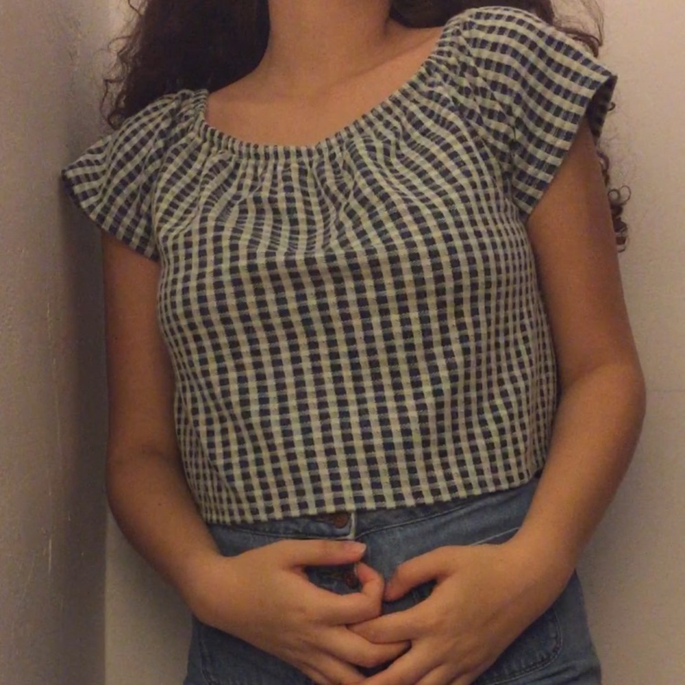 ZARA OFF THE SHOULDER BLUE GIGHAM BLOUSE